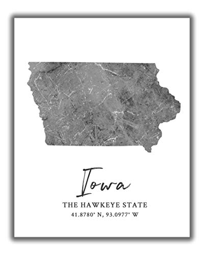 Iowa State Map Wall Art Print – 8×10 Silhouette Decor Print with Coordinates. Makes a Great Hawkeye State-Themed Gift. Shades of Grey, Black & White.
