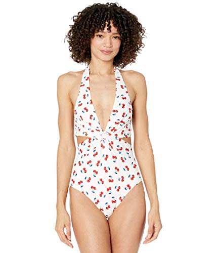 Kate Spade New York Cherry Toss Knotted Halter Cutout One-Piece with Removable Soft Cups, Ties White SM