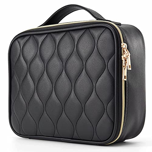 Travel Makeup Bag, Make up Bag for Women, Large Leather Cosmetic Bag Travel Toiletry Bag for Girls Make Up Bag Brush Organizer Bags (Quilted Black)