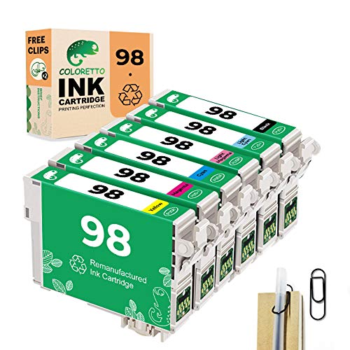 COLORETTO Remanufactured Ink Cartridge Replacement for Epson 98 T098 Used for Artisan 730 810 837 (1 Black,1 Cyan 1,Magenta,1 Yellow,1 Light Cyan,1 Light Magenta) (Special Edition Includes 1 Pen Clip)