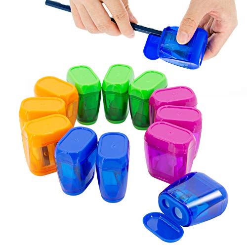 KIDMEN Manual Pencil Sharpeners,2 Holes Compact Sharpener with Lid for Kids, School and Office-12 Pack