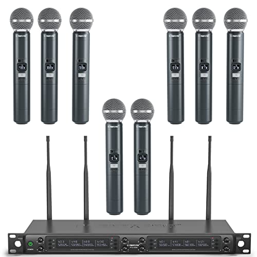 Phenyx Pro Wireless Microphone System, Eight-Channel Wireless Mic, w/ 8 Handheld Dynamic Microphones, Auto Scan,8×40 Adjustable UHF Channels, 328ft, Microphone for Singing,Church, Karaoke(PTU-6000A)