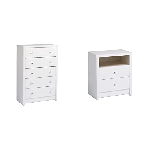 Prepac Calla 5 Drawer Dresser Chest for Bedroom, Dresser, 16″ D x 30.25″ W x 45″ H, White & Calla Tall 2-Drawer Nightstand, White