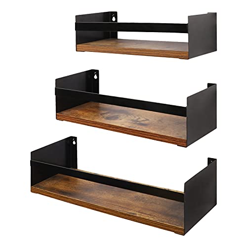 Giftgarden Black Floating Shelves for Wall Set of 3, Industrial Thick Wall Shelf Rack with Iron Rail Bracket for Storage Bathroom Kitchen Bedroom Plant Nursery Books Laundry