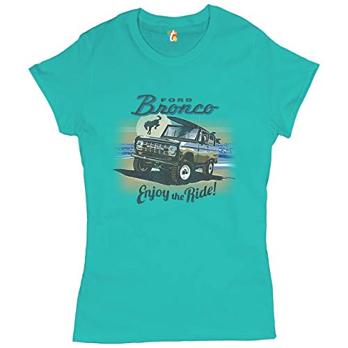 Ford Bronco Women’s Novelty T-Shirt Enjoy The Ride Offroad SUV Licensed Tee Light Blue Small