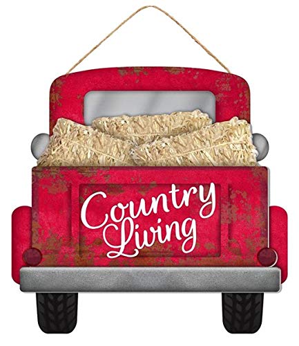 Thresholds Country Living Wooden Sign with Old Red Farm Truck and Hay 12 L X 11.5 H