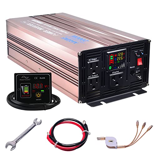XWJNE Pure Sine Wave Inverter 2000 Watt Power Inverter 12V DC to 110V/120V AC with Remote Control, LED Display, 3 AC Outlets, 2 USB Ports Suitable for RV, Camping, Boat,Outdoor