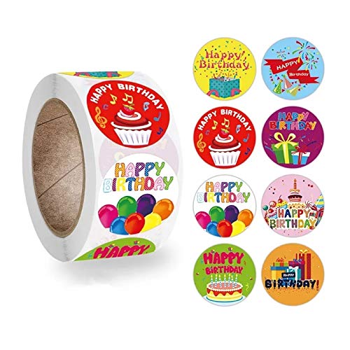 Happy Birthday Stickers 1” Circle Labels Letters 500 Per Pack New Roll Handicraft Decoration Happy Birthday Sealing Sticker Envelope Wedding Celebration 8 Different Designs Decoration