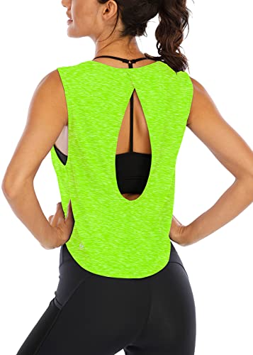 ICTIVE Workout Tank Tops for Women Cute Summer Crop Tops for Women Keyhole Open Back Muscle Tank Yoga Tops for Women Workout Tops for Women Running Tank Tops Athletic Gym Tops Neon Green L