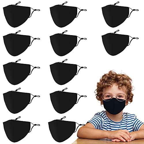RUNHOOD 12PCS Black Cloth Face Mask Reusable Washable Masks Adjustable With Wire Nose Bridge Cotton Fabric Face Mask For Kids Adult (Kids-12pcs-Black)