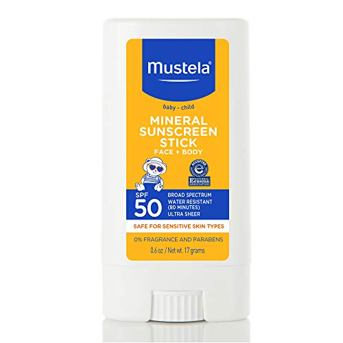 Mustela Baby Mineral Sunscreen Stick SPF 50 Broad Spectrum – Face & Body Sun Stick with 70% Organic Ingredients – Ultra Sheer, Water Resistant & Fragrance-Free – 0.6 oz (Pack of 1)