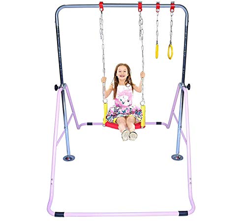 Kids Home Gymnastics Bar Jungle Gym 3 in 1 Set Deluxe Swing Seat, Trapeze Rings, Horizontal Kip Bar Height Adjustable Monkey Bar, Expandable Junior Training Gymnastic Balance Bar, Swing Set (Pink)