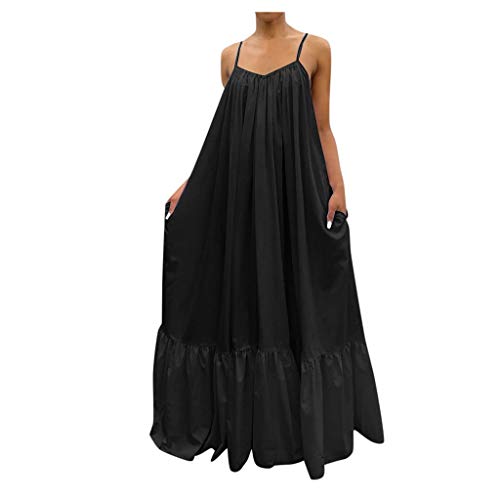IXnzadn Women Solid Color Long Dresses Sleeveless Off Shoulder Spaghetti Strap Dress Casual Loose Big Swing Maxi Dress Black