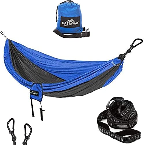 Castaway Travel Hammocks Double Blue/Charcoal Camping Hammock with 2 Tree Straps, Triple Stitched Durable Nylon Material, Compact Design for Backpacking, Travel, Beach, Backyard, Patio, Hiking