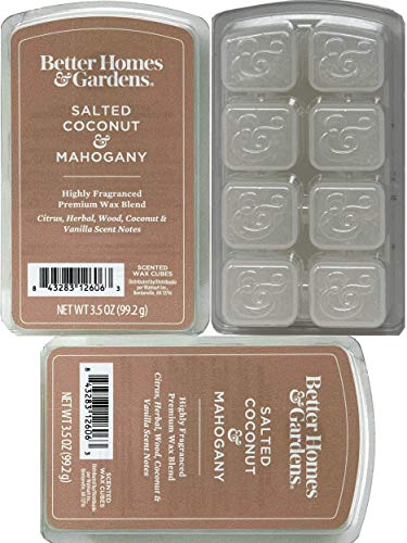 Better Homes & Gardens. Better Homes and Gardens – Salted Coconut and Mahogany 3.5oz Scented Wax Cubes 3-Pack, 3.5oz (99.2g) x 3, Off-white