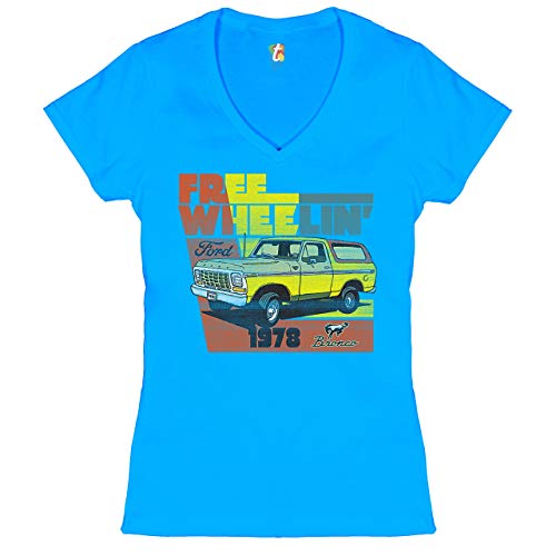 Ford Bronco 1978 Women’s V-Neck T-Shirt Free Wheelin’ Off-Road Licensed Tee Turquoise XX-Large
