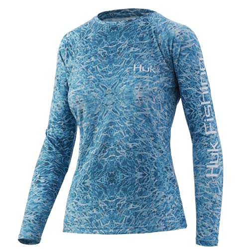 HUK Women’s Standard Pursuit Long Sleeve Performance Shirt + Sun Protection, Turtlegrass-Blue Radiance, X-Large