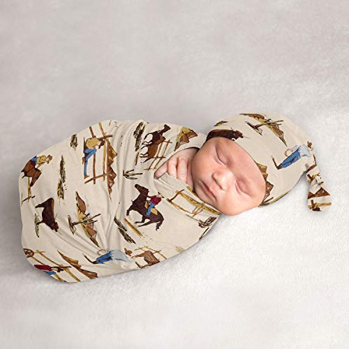Sweet Jojo Designs Wild West Cowboy Baby Boy Cocoon and Beanie Hat 2pc Set Jersey Stretch Knit Sleeping Bag for Infant Newborn Nursery Sleep Wrap Sack – Red, Blue, Tan Western Southern Country Horse