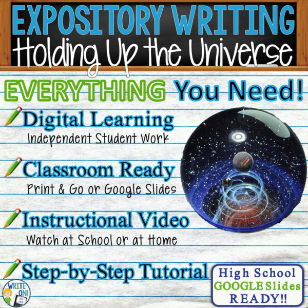 Text Analysis Expository Writing for Holding Up the Universe Distance Learning, In Class, Independent Instruction, Instructional Video, PPT, Worksheets, Rubric, Graphic Organizer, Google Slides