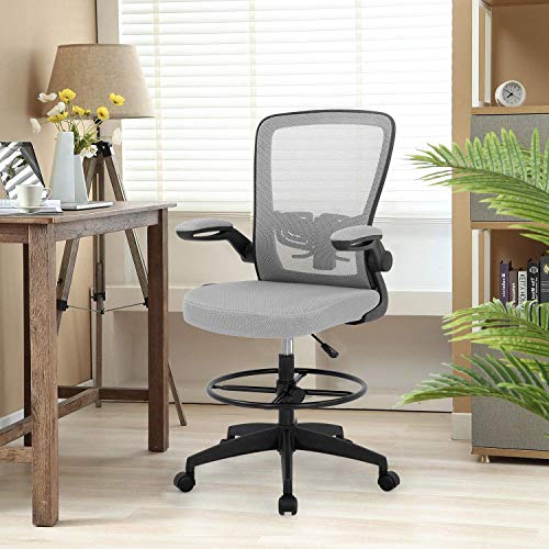 Drafting Chair Tall Office Chair for Standing Desk,Adjustable Height Mesh Desk Chair with Flip Up Arms,Foot Ring,Rest Back Support,Mid Back Rolling Swivel Computer Drafting Stool Reception,Gray
