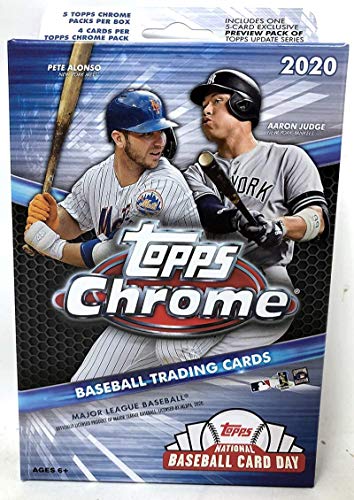 2020 Topps Chrome Baseball Factory Sealed Hanger Box with Topps Update Preview Pack 5 Chrome Packs with 4 Cards Per Pack Chase Rookie Cards of Randy Arozarena and Luis Robert Exclusive 5 card preview pack of Topps Update Series Awesome Beautiful Chrome Fi