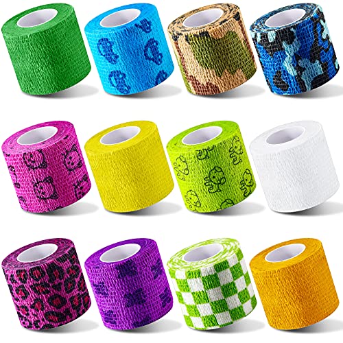 12 Pieces 2 Inch Self Adhesive Bandage Wrap Vet Wrap Non Woven Elastic Cohesive Bandage Tattoo Supplies Grip Tape Athletic Tape Gauze Wrap for Sports, Wrist, Ankle and Pet Wrap (Animal and Camouflage)