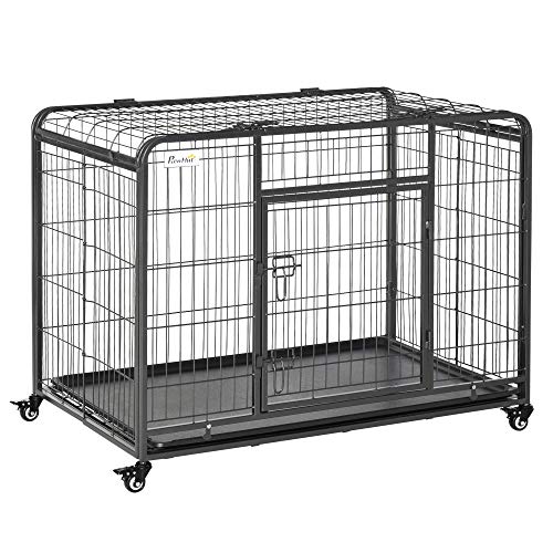 PawHut Folding Design Heavy Duty Metal Dog Cage Crate & Kennel with Removable Tray and Cover, & 4 Locking Wheels, Indoor/Outdoor 43″