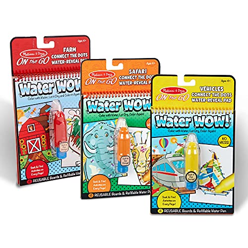 Melissa & Doug On the Go Water Wow! Reusable Water-Reveal Activity Pads, 3pk, Connect The Dots – Vehicles, Farm, Safari, Party Favors, Stocking Stuffers, Travel Toys, Mess Free Coloring Books, Ages 4+