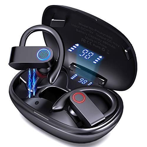 PRTUKYT Wireless Earbuds, Bluetooth 5.0 Running Headphones Stereo Deep Bass Sport Earphones Built-in Mic Digital LED Display 30Hrs Playtime Headset with Ear Hooks for Sports Running Gym