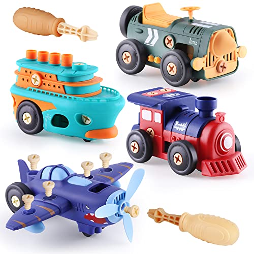 iPlay, iLearn Take Apart Toy Vehicle Playset, Kids Assembly Build Set W/ Screwdriver, Vintage Electronic Motor Car Boat Airplane Train, Preschool STEM, Birthday Gifts for 3 4 5 6 7 Year Old Boys Girls