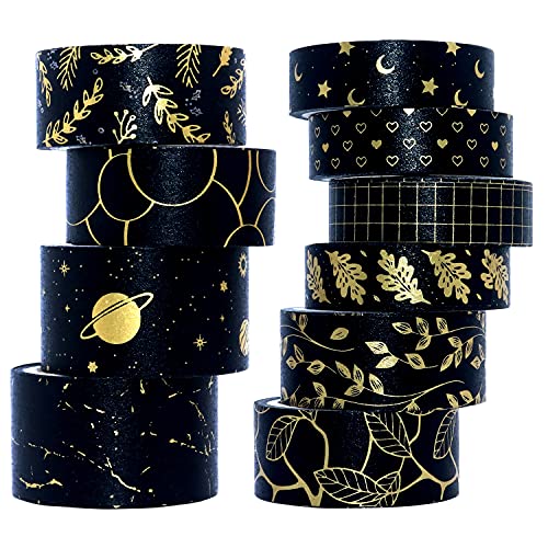 VEYLIN 10Rolls Black Gold Washi Tape, Premium Mixed Size Decorative Masking Tape for Scrapbook Journal