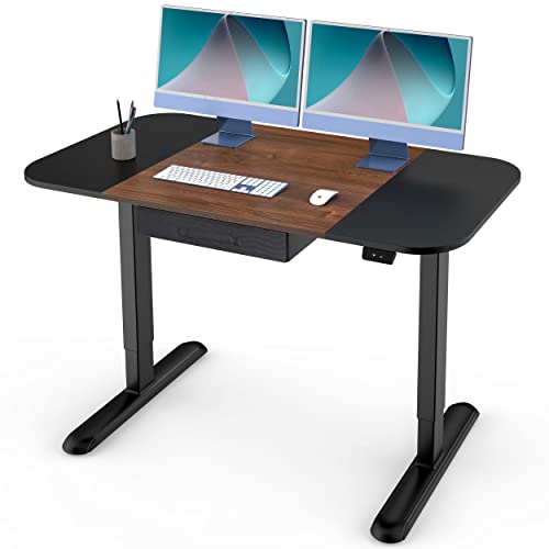 Fenge Electric Standing Desk with Drawer- 48×24’’ Adjustable Height Desk – Leg Reinforcement More Stable Stand Up Desk – Ergonomic Sit Stand Computer Desk，Black + Brown