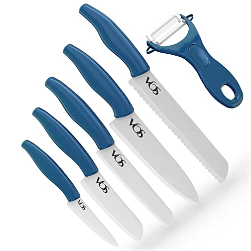 Vos Ceramic Knife Set, Ceramic Knives Set For Kitchen, Ceramic Kitchen Knives With Peeler, Ceramic Paring Knife 4″, 5″, 6″, 7″, 8″ Inch Blue