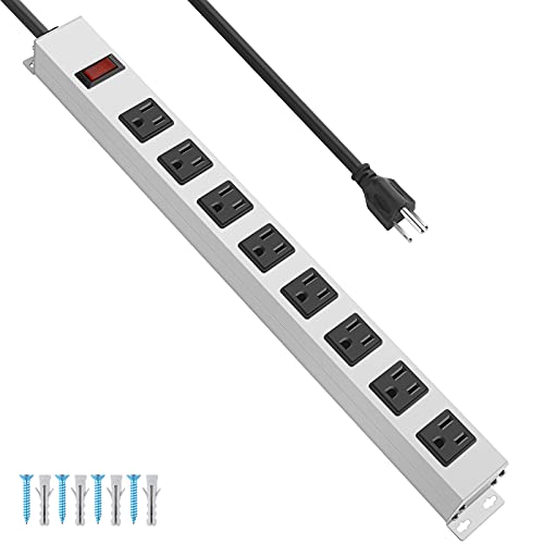 JUNNUJ Metal 8 Outlet Power Strip, Mountable Heavy Duty Power Strip, 800J Surge Protector Wall Mount Power Outlet with Switch, 15A 125V 1875W, 6 FT 14AWG Power Cord
