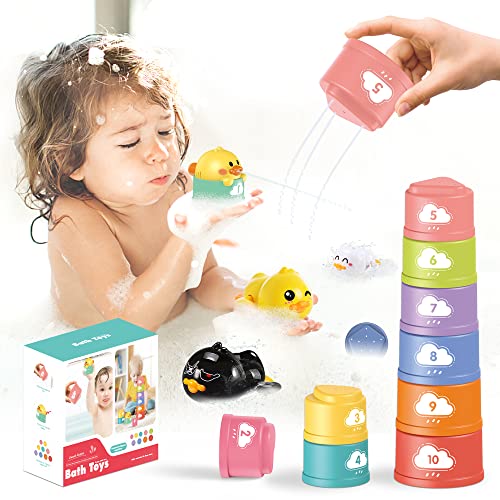 QIUXQIU Baby Bath Toys Wind up Duck Water Toy Toddlers Swimming Floating Playing Paddling Set in Bathroom Baby Stacking Toys Kids Sorting Game for Sand Bath for Boys and Girls