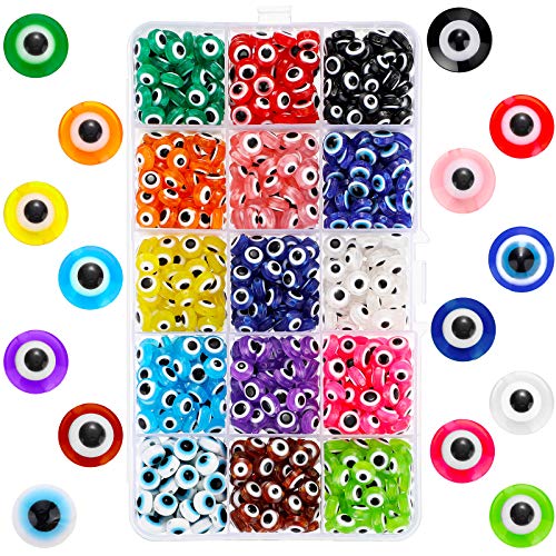 750 Pieces Evil Eye Beads Charms Evil Eye Handmade Resin Beads Round Evil Eye Spacer Beads Turkish Handmade Beads for DIY Jewelry Bracelet Earring Necklace Craft Making, 15 Colors (6 mm Diameter)