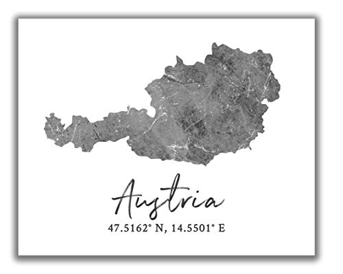 Austria Map Wall Art Print – 8×10 Silhouette Decor Print with Coordinates. Makes a Great Austrian Country-Themed Gift. Shades of Grey, Black & White.