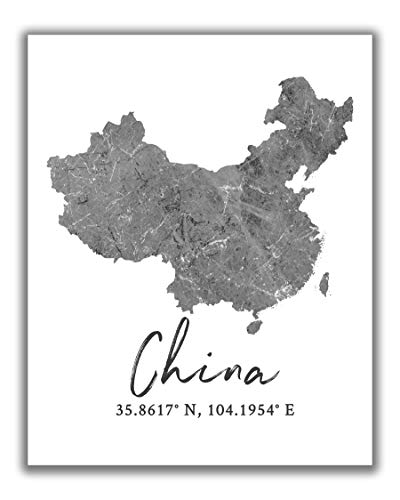 China Map Wall Art Print – 8×10 Silhouette Decor Print with Coordinates. Makes a Great Chinese-Themed Gift. Shades of Grey, Black & White.