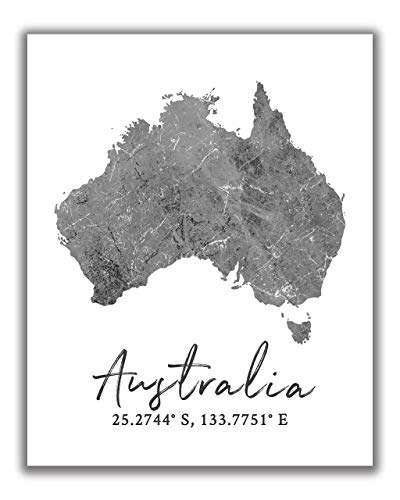 Australia Map Wall Art Print – 8×10 Silhouette Decor Print with Coordinates. Makes a Great Australian Country-Themed Gift. Shades of Grey, Black & White.