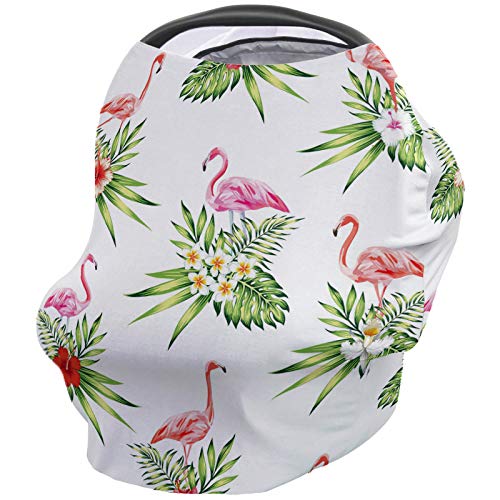 Tropical Baby Car Seat Covers, Nursing Cover Breastfeeding Scarf/Shawl, Infant Carseat Canopy, Stretchy Soft Breathable Multi-use Cover Ups, Animal Flamingo Flower Summer