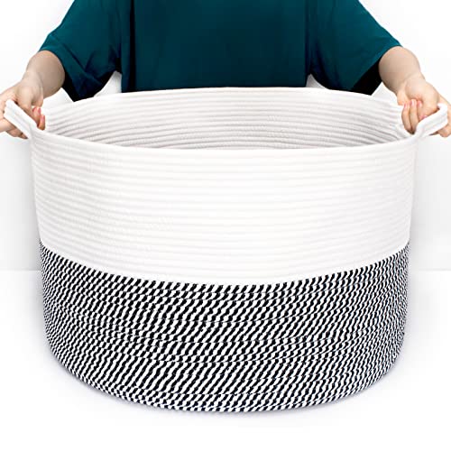 Annecy XXLarge Cotton Rope Basket, 21×13 Inches Blanket Basket Living Room, Woven Baby Laundry Basket with Handle for Toy, Towels, Pillows, Decorative Basket for Blankets, White & Blue