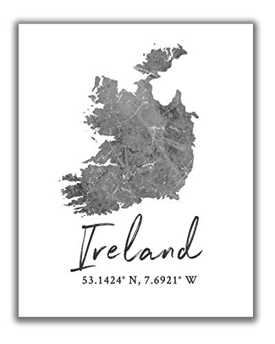 Ireland Map Wall Art Print – 8×10 Silhouette Decor Print with Coordinates. Makes a Great Irish-Themed Gift. Shades of Grey, Black & White.