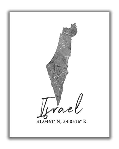 Israel Map Wall Art Print – 8×10 Silhouette Decor Print with Coordinates. Makes a Great Israeli-Themed Gift. Shades of Grey, Black & White.