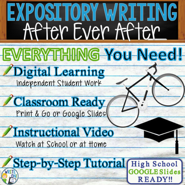 Text Analysis Expository Writing for After Ever After Distance Learning, In Class, Independent Student Instruction, Instructional Video, PPT, Worksheets, Rubric, Graphic Organizer, Google Slides