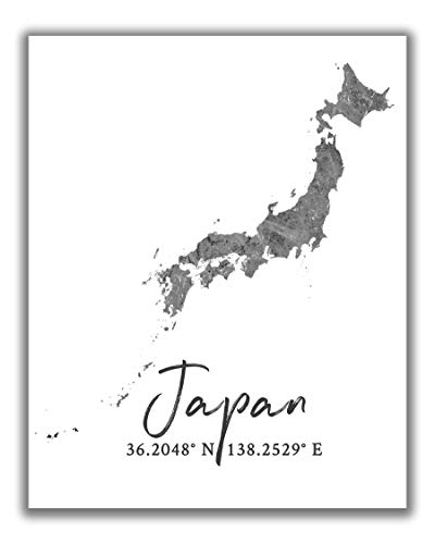 Japan Map Wall Art Print – 8×10 Silhouette Decor Print with Coordinates. Makes a Great Japanese-Themed Gift. Shades of Grey, Black & White.