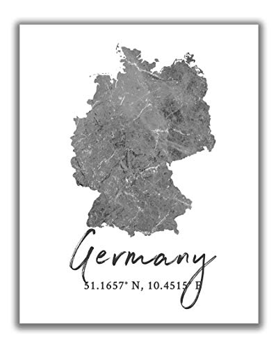 Germany Map Wall Art Print – 8×10 Silhouette Decor Print with Coordinates. Makes a Great German-Themed Gift. Shades of Grey, Black & White.