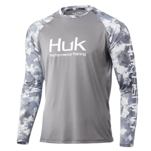 HUK Men’s Standard Double Header Long Sleeve | Sun Protecting Fishing Shirt, Storm Camo, XX-Large