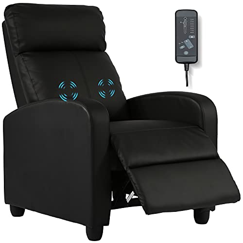 HCY Recliner Chair Massage Recliner Chair Padded Wide Seat Sofa Wingback Single Sofa with Footrest PU Leather Recliner Chair for Living Room,Home Theater(Black)