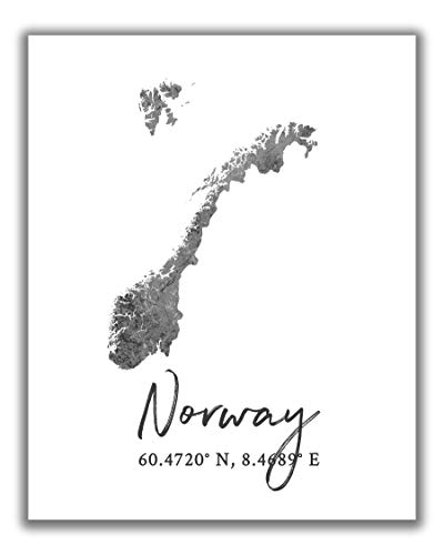 Norway Map Wall Art Print – 8×10 Silhouette Decor Print with Coordinates. Makes a Great Norwegian-Themed Gift. Shades of Grey, Black & White.