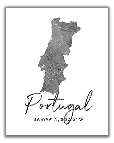 Portugal Map Wall Art Print – 8×10 Silhouette Decor Print with Coordinates. Makes a Great Portuguese-Themed Gift. Shades of Grey, Black & White.